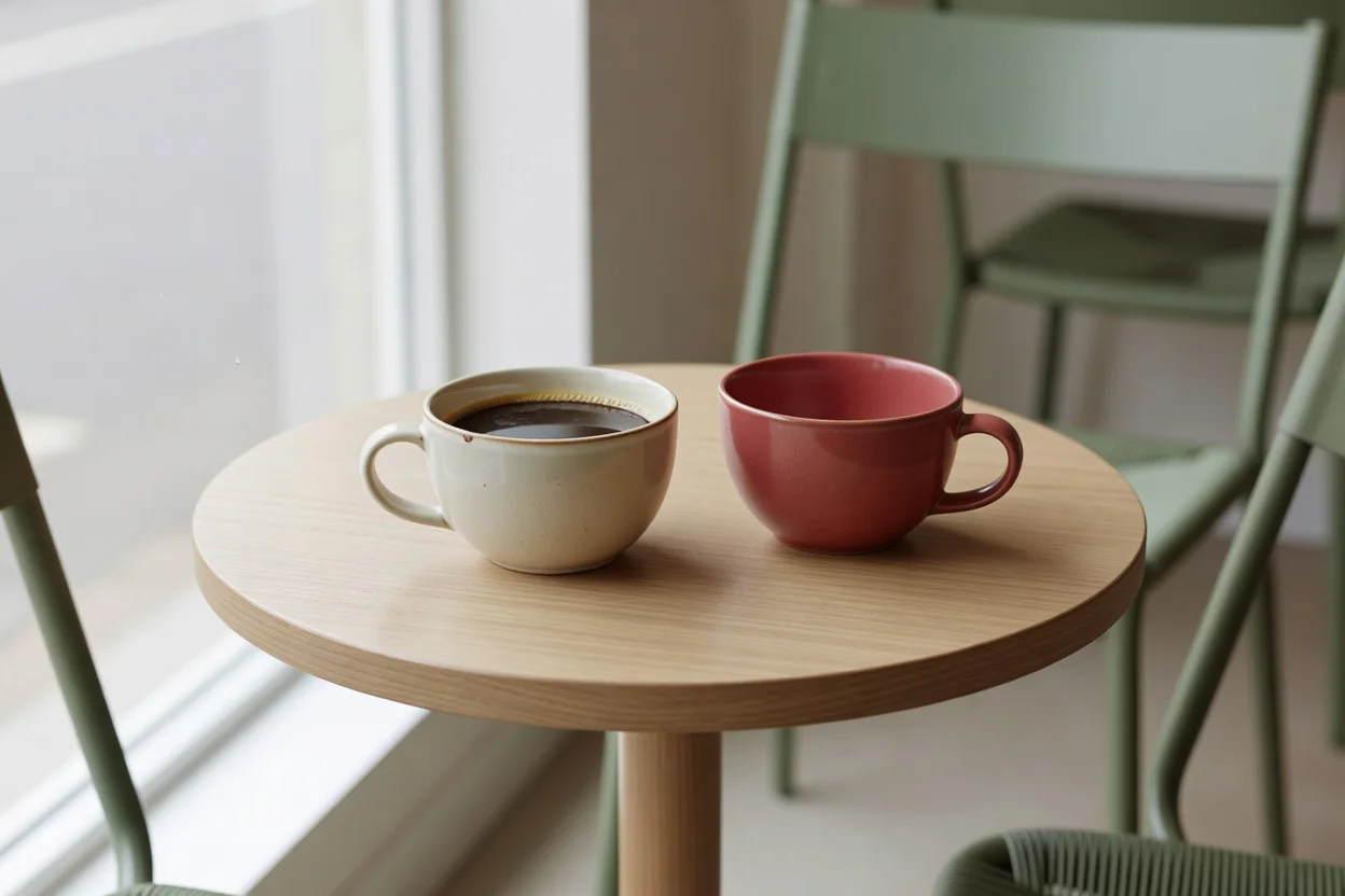 open notebook beside two steaming coffee cups on a wooden table with scattered wildflowers
