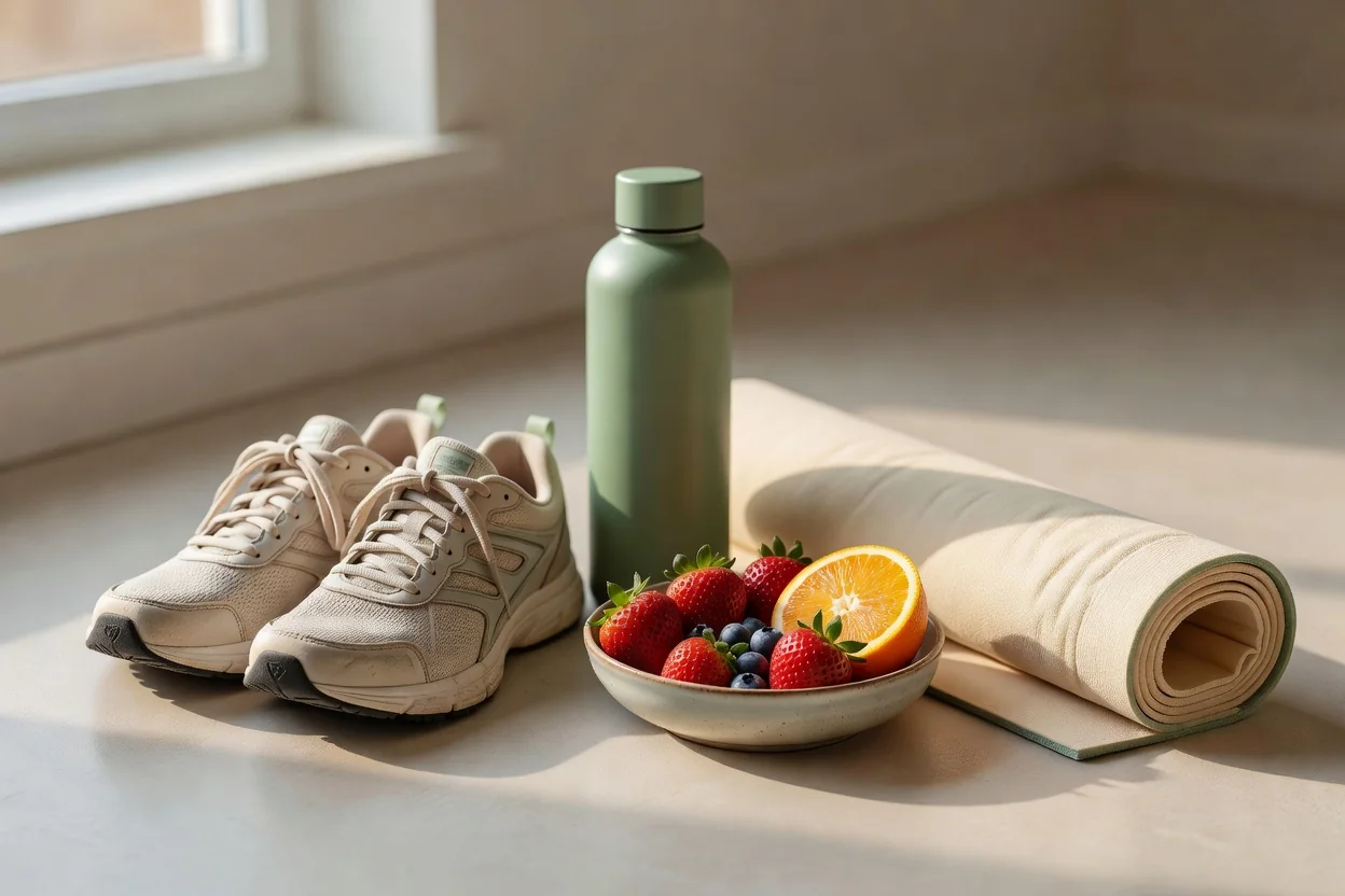 wooden table with fresh vegetables, whole grains, a pair of running shoes and a glass of water
