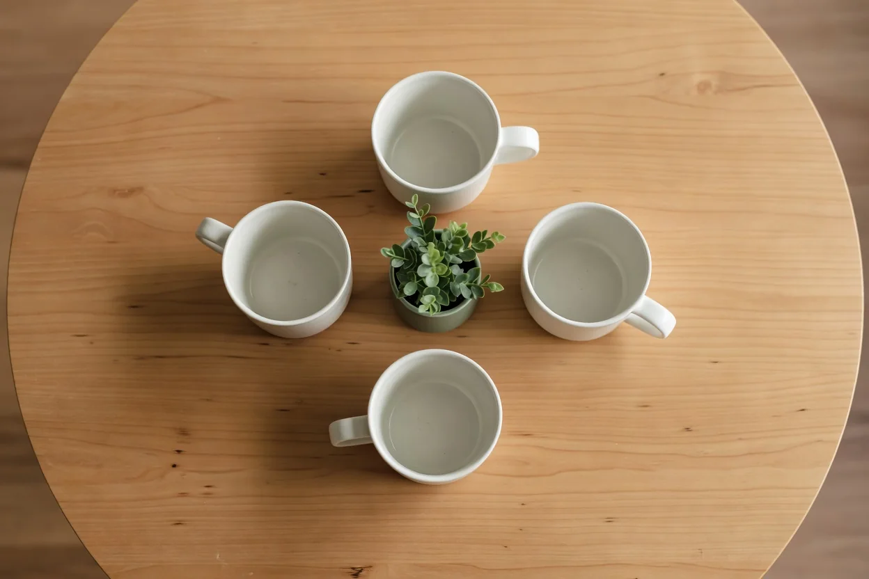 Ceramic mugs arranged in a welcoming circle on a wooden table with a small plant