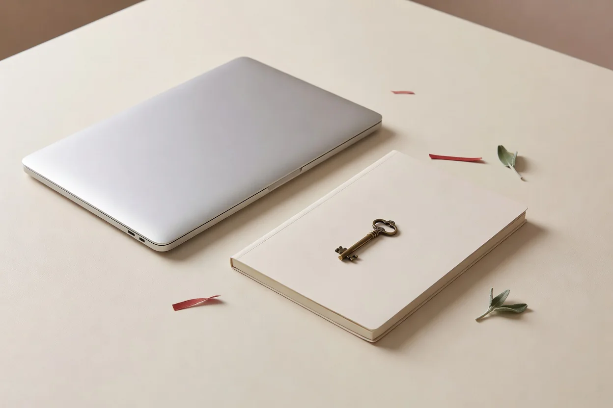 Closed laptop, plain notebook and a small key on a quiet desk in soft light
