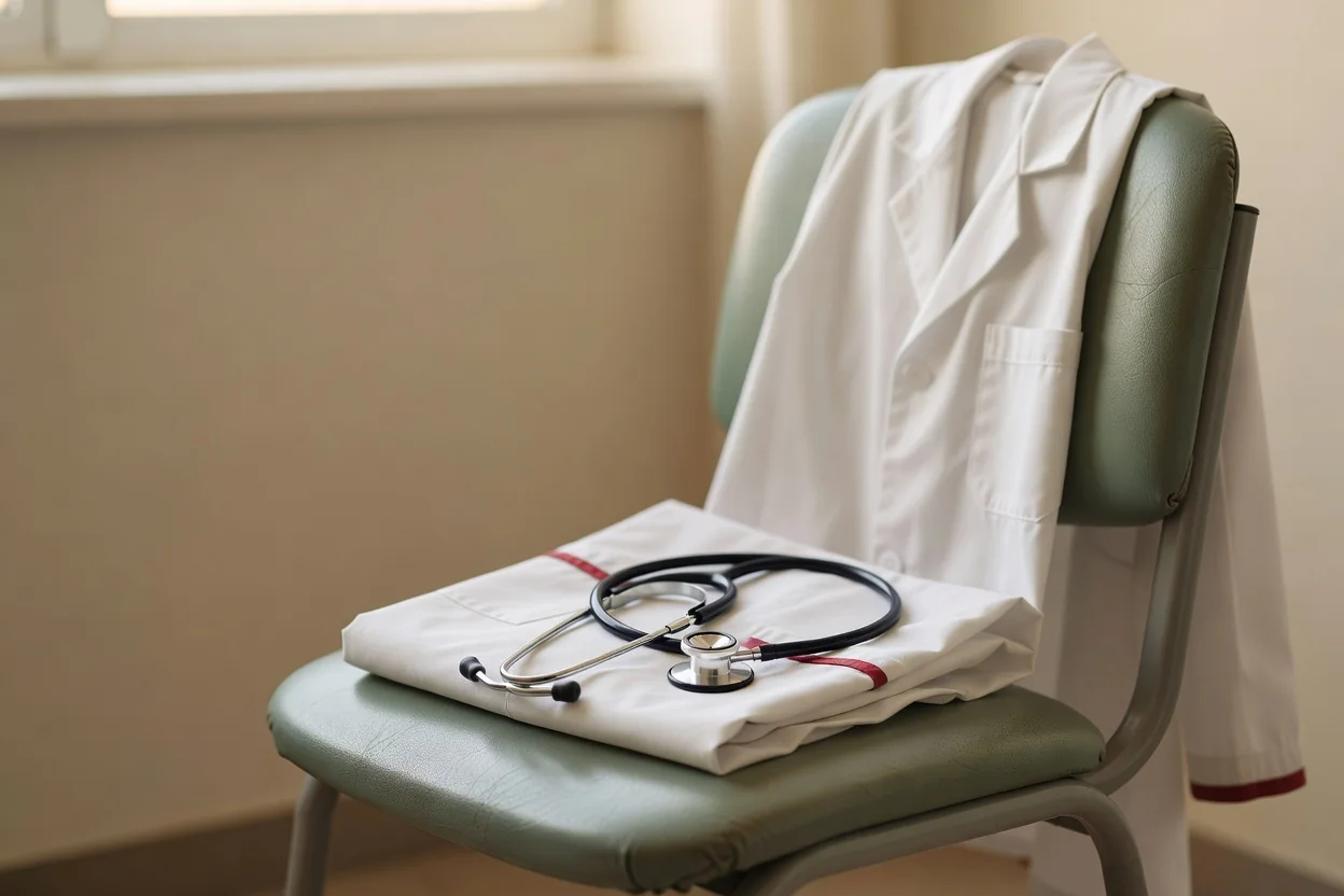 folded white gloves placed beside a blank patient chart and a closed laptop on a clean clinic desk