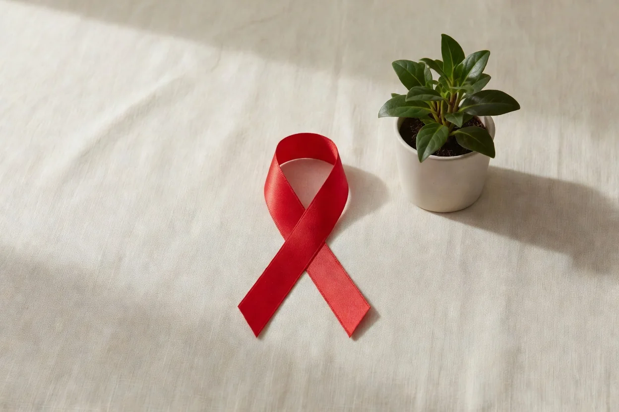 Red awareness ribbon resting on cream linen beside a small potted plant
