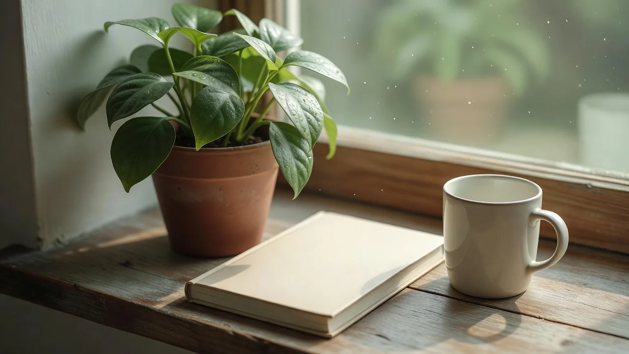 Green plant on a windowsill beside a closed journal and a ceramic mug in morning light
