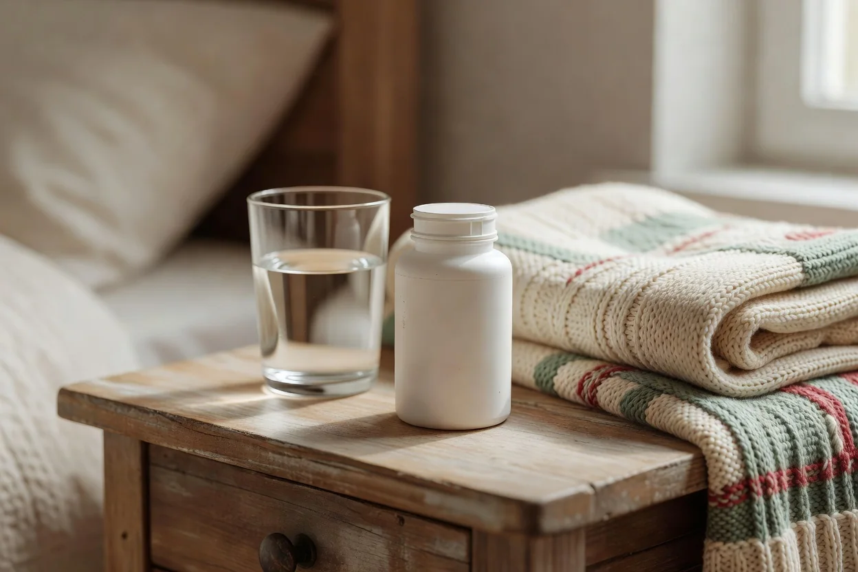 Pill bottles, a glass of water, and a notebook arranged on a wooden bedside table in soft morning light