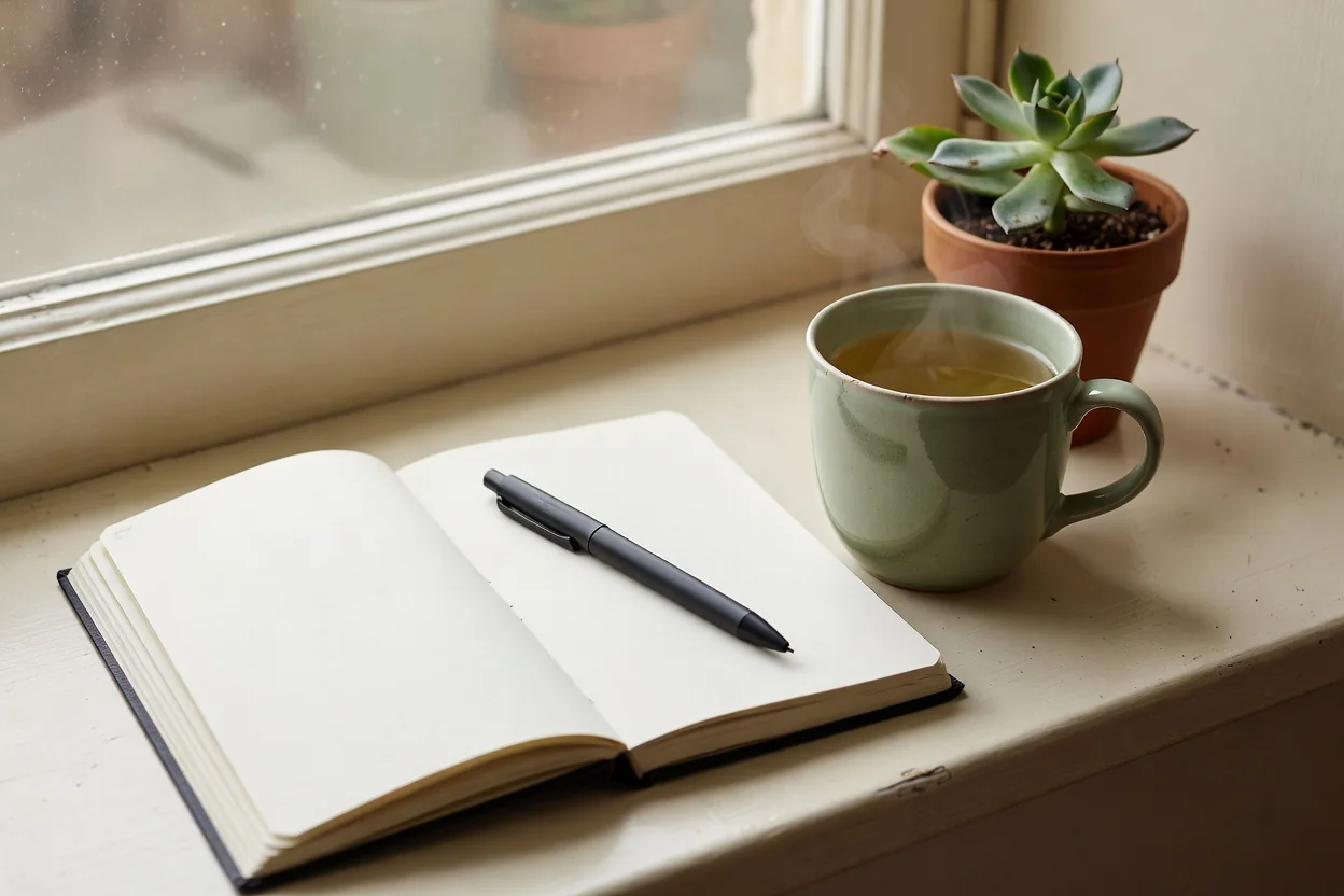 Open notebook beside a steaming cup of herbal tea on a wooden table with a small potted plant