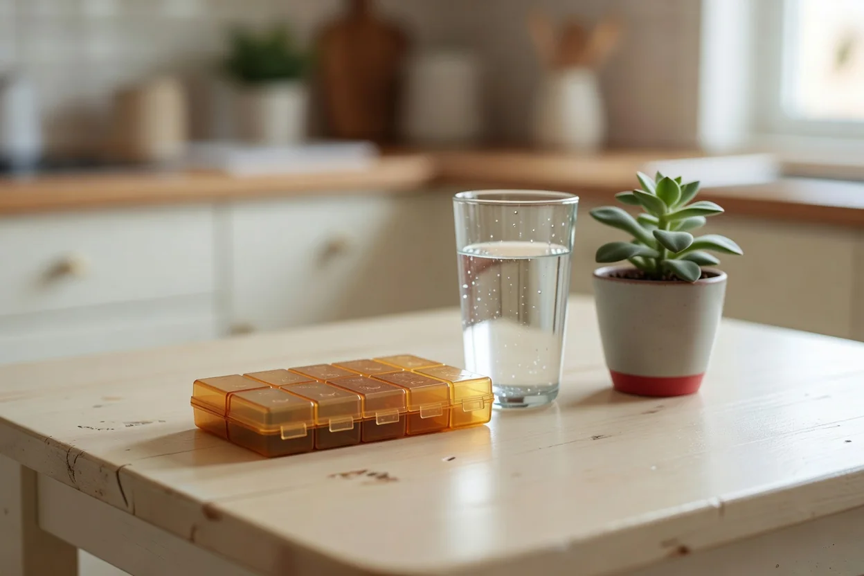 Pill organizer, glass of water, and notebook arranged on a wooden table