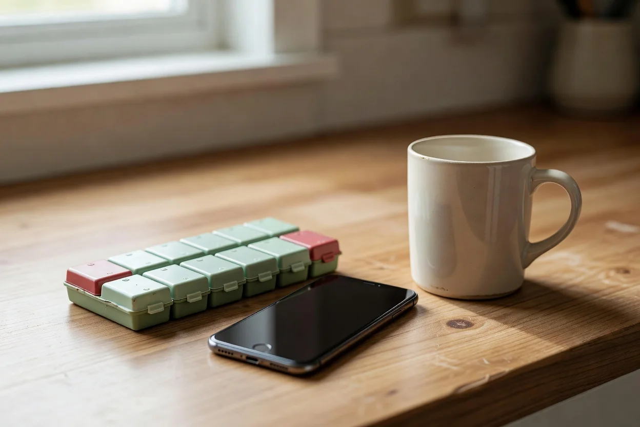 Morning sunlight on a wooden table holding a weekly pill organizer, glass of water, and toothbrush