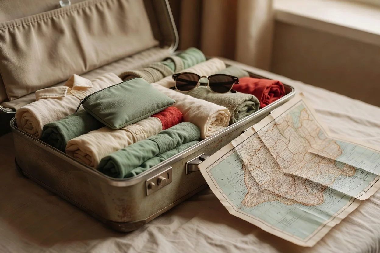Open suitcase on a wooden table containing medication bottles in original packaging, a folded doctor letter, passport, and a small notebook with handwritten notes